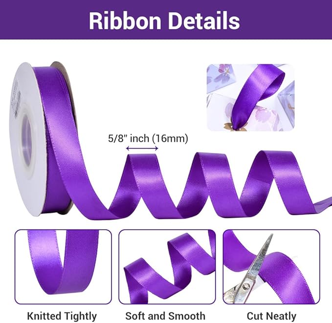 YAMA Double Face Satin Ribbon - 5/8" 25 Yards for Gift Package Wrapping,Floral Design,Hair Bow Clip Making,Crafting,Sewing,Wedding Decor, Purple