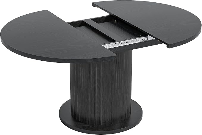 59 inch Round Dining Table for 6, Modern Farmhouse Kitchen Table, Circle Dining Tables with Wood Strip Base for Kitchen Living Room (Big Adjustable Black)