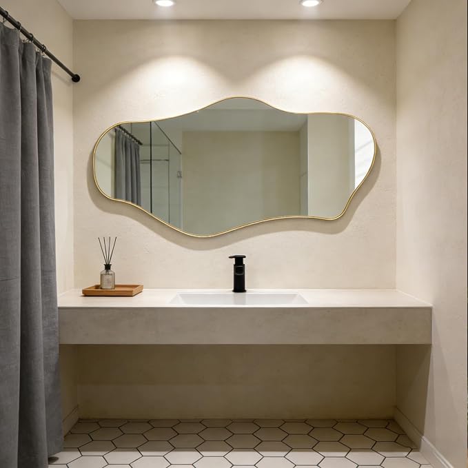 Irregular Wall Mirror, 47.2"x21.5" Asymmetrical Mirror with Gold Metal Frame, Organic Shaped Mirrors for Living Room Bedroom Hallway Entryway Fireplace, Hangs Vertically or Horizontally