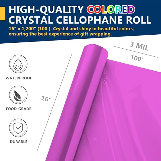 PerkHomy Colored Cellophane Wrap Roll 16" x 100' 3 Mil Thick Cellophane For Gift Basket Treats Goodie Wrapping Craft Flower Bouquet Plastic (Pink, 100ft (16in Width))