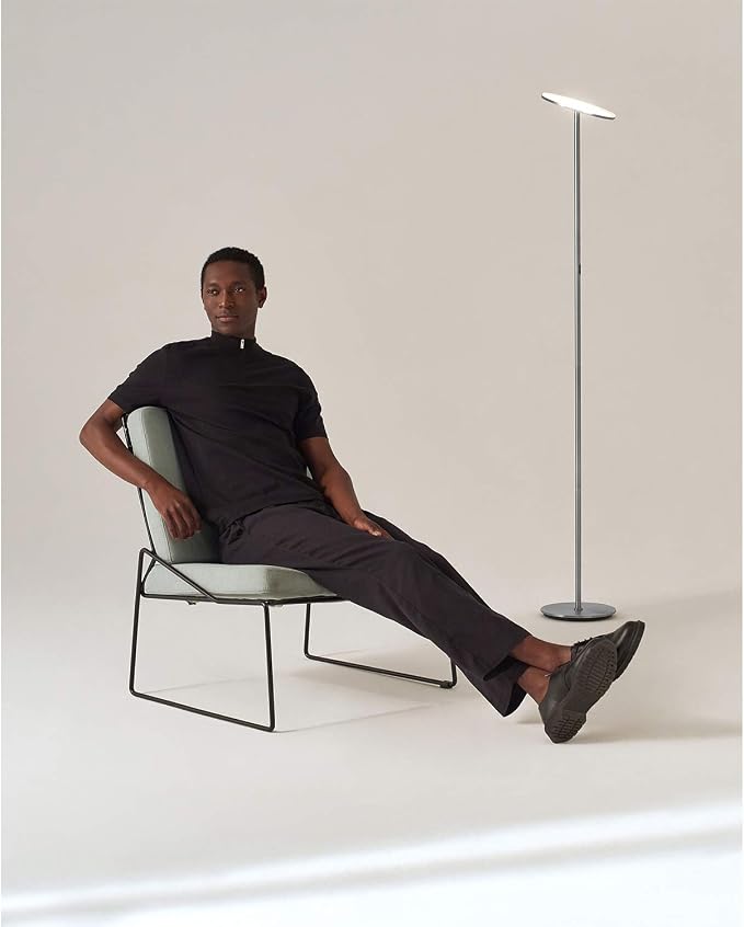 Brightech Sky LED Floor lamp, Torchiere Super Bright Floor Lamp for Living Room Decor & Office - Dimmable, Tall Standing Torch Lamp with Warm Light for Bedroom & Reading - Platinum Silver