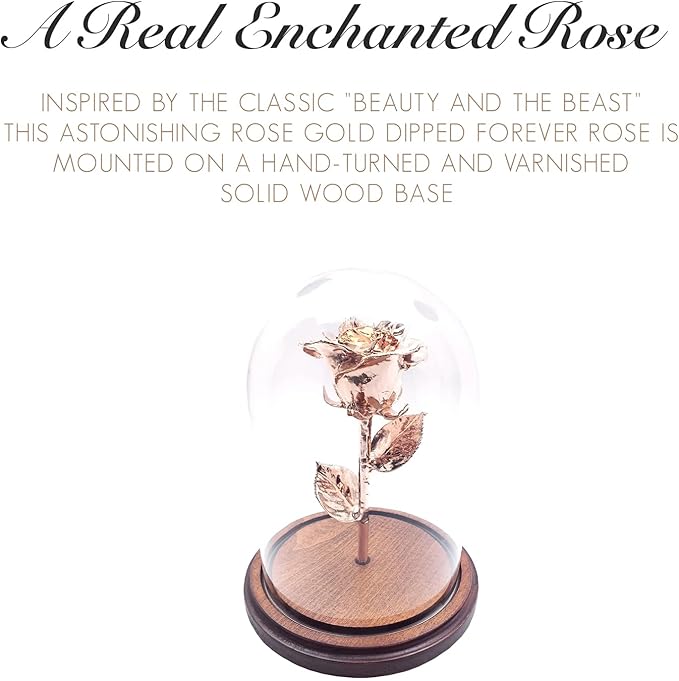 Forever Rose Enchanted Preserved with Real Gold Dipped Rose Lasts Forever | Includes Wood Base & Glass Dome | Rose Gold Roses Assembled by Hand in The USA | Romantic Gifts for Women