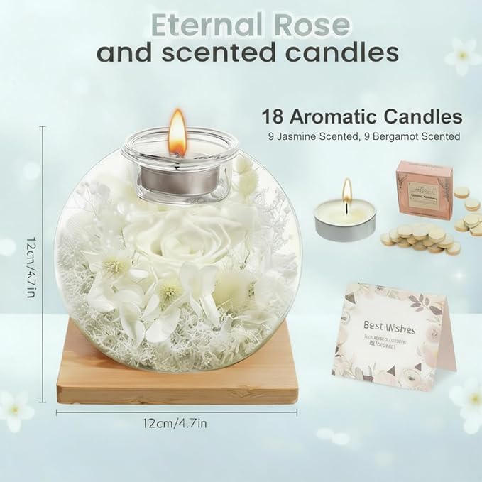 Eternal Preserved Real Rose, Glass Dome Gift Set with 18 Scented Candles (9 Bergamot,9 Jasmine), Mother's Day Valentine Christmas Birthday Gift for Women Mom Girlfriend Wife Home Decor (White)