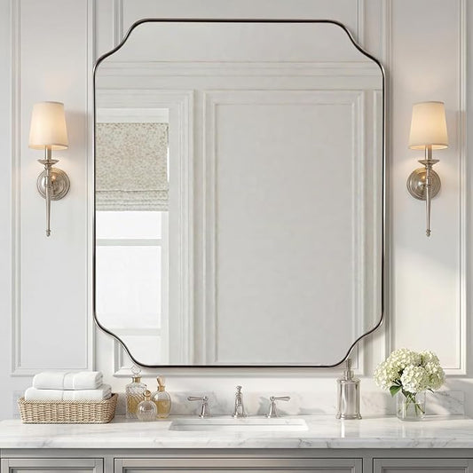 ANDY STAR 30x36 Inch Brushed Nickel Mirror, Silver Bathroom Mirror for Over Sink, Rounded Notched Corner Mirror in Anti-Rust Stainless Steel Metal Thin Frame, Wall Mount Vertically or Horizontally