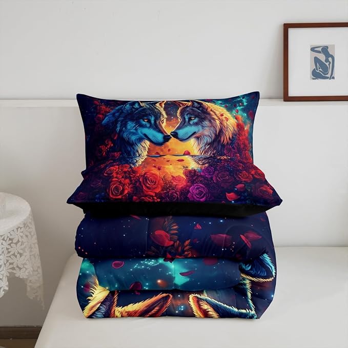 Wolf Comforter Set Queen Size,Wild Animal Print Couple Theme Reversible Bedding Set for Women Adult,Romantic Red Rose Flowers Watercolor Galaxy Luxury Bed Duvet Insert, 2 Pillowcases