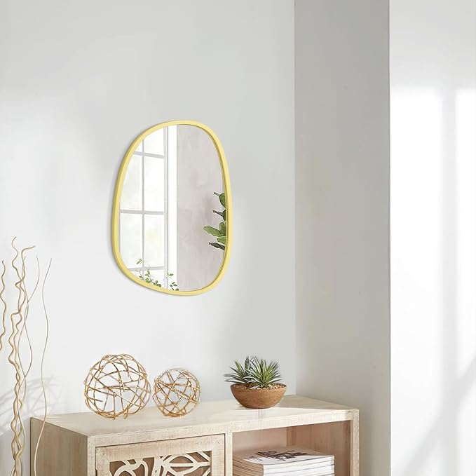 Wooden Asymmetrical Irregular Wall Mirror - Unique Modern Shape - Wall Mounted - Artistic Decorative for Living Room, Bedroom, Bathroom, Entryway & Hallway - 14"x10"