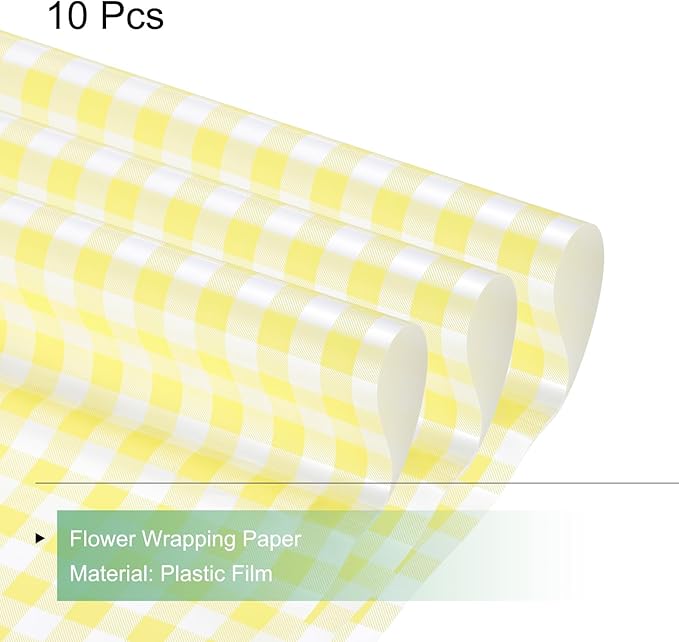 MECCANIXITY Flower Wrapping Paper Waterproof Floral Wrap Plaid Yellow Gift Packaging 22.8 x 22.8 Inch Used for DIY Crafts Bouquet Packaging 10 Pcs