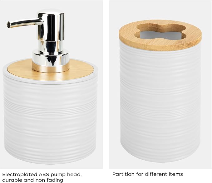 2 PCS White Bathroom Accessories Set, Soap Dispenser and Toothbrush Holder Set, Plastics & Bamboo Bathroom Set, Bohemian Style Bathroom Sink Set