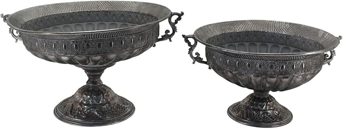Zaer Ltd. Set of Metal Urn Vase Planters in Antique Finish and Classical Vintage Designs (Apollo Silver)