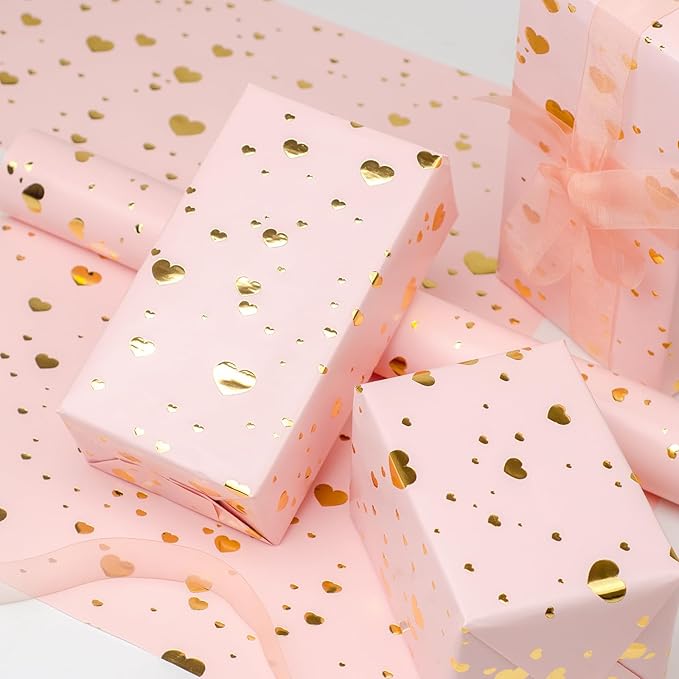 LDGOOAEL Mini Short Wrapping Paper Roll - Reversible Design (17 inches X 32.8 feet) - Gold Foil Hearts on Pink for Valentine's Day
