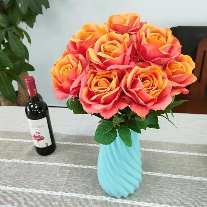 ATFL Fake Sunset Red Roses Artificial Flowers Bulk,Floral Diameter 4'',12 Pcs Artificial Silk Roses Flowers with Stems for Wedding Arrangement Centerpieces Party Home Table Decorations (Orange & red)