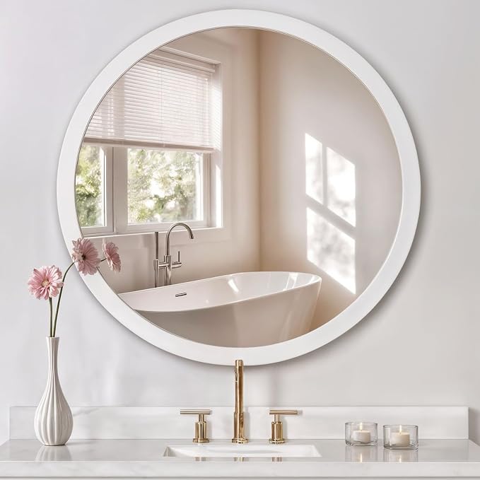ARIEL Round Wooden Mirror 36" in White, Wood Circle Wall Mirror for Bathroom, Vanity, Entryway & Living Room Decor, Farmhouse Style