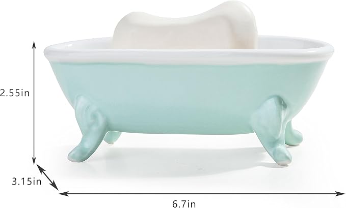 6.7" Ceramic Mini Clawfoot Bathtub Bar Soap Dish, Decorative Bar Soap Holder, Soap Tray Sponge Holder for Shower, Bathroom & Kitchen Sink (Bright Teal)