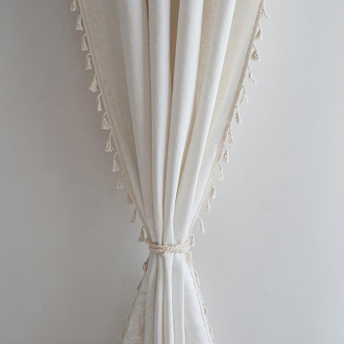 ENJOYBRIDAL Cream Damask 63 Inch Curtains for Living Room Farmhouse Drapes Semi Sheer Medallion Patterned Short Window Curtain Panels Bedroom Jacquard Rod Pocket 2 Panels Dining Room Window Treatments