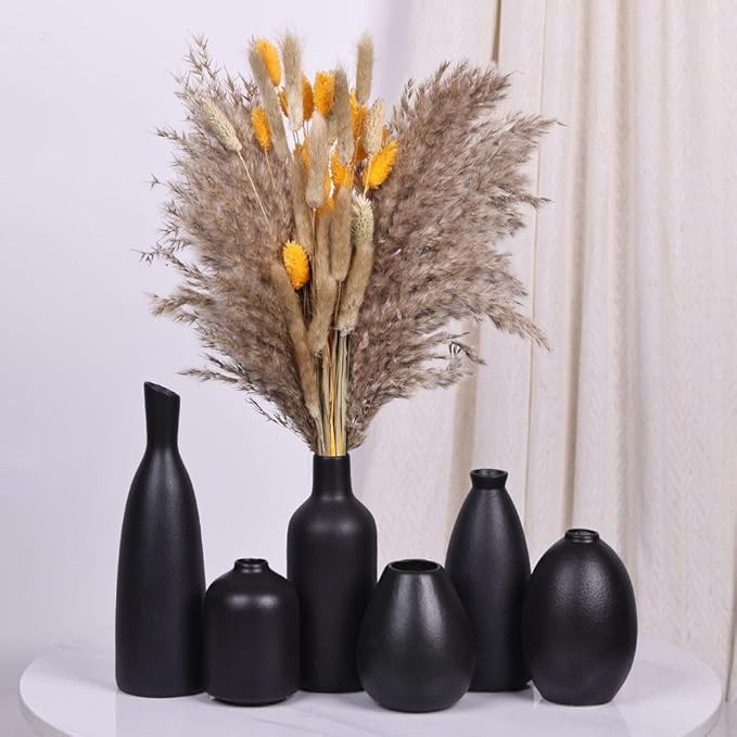 6 Pack Small Black Ceramic Bud Vases for Home Decor - Modern Boho Small Vases for Centerpieces in Bulk, Mini Flower Vases for Dry Flowers, Wedding, Table, and Party Decorations