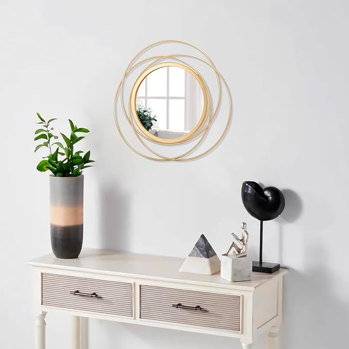 Gold Art Circle Mirror for Wall with Iron Metal Wire Frame Wall-Mounted Mirror for Home Decor Living Room Bedroom Bathroom Entryway Small 12"