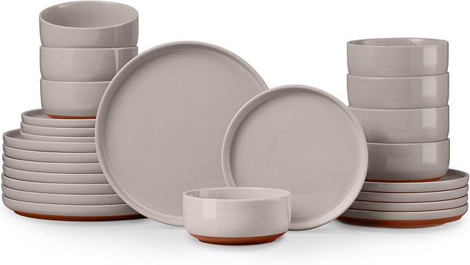E-far 24-Piece Ceramic Dinnerware Sets, Plates and Bowls Sets for 8, Stoneware Dishware Dishes Set with Terracotta Base, Chip & Scratch Resistant, Microwave & Dishwasher Safe, Speckled Khaki