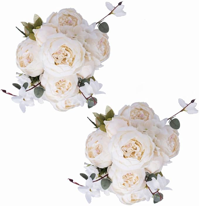 Fule 2 Pack Large Artificial Peony Silk Flower Bouquets Arrangement Wedding Centerpieces (Cream White)