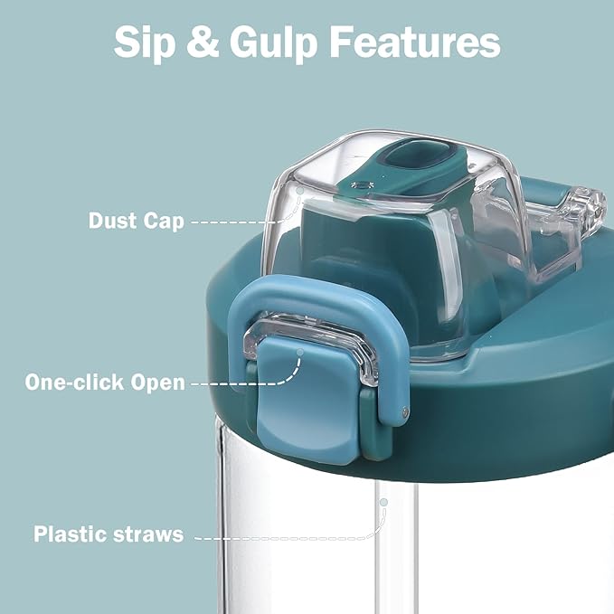 32oz Glass Water Bottle, 2-in-1 Straw and Sip Spout Lid, Leakproof Wide Mouth Tumbler with Handle, BPA-Free Reusable Bottle for Sports, Office, Outdoor, Peacock Blue