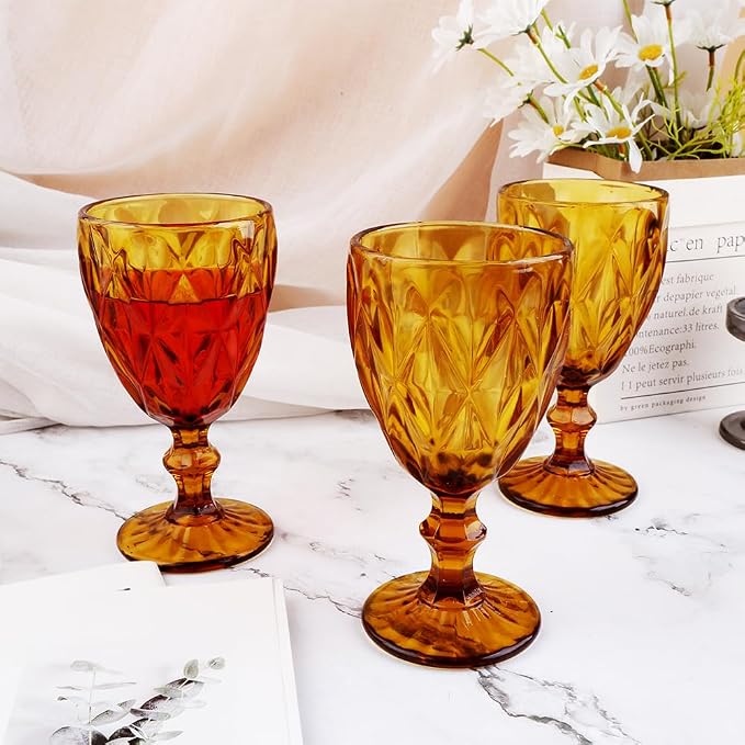 Pure Amber Wine Glasses 6Pcs a Set Solid Colors Glass Goblets Colorful Dishwasher Safe Colored Glassware With An Embossed Vintage Never Fade Colored Goblets Pattern Like Crystal (Glass, Amber)