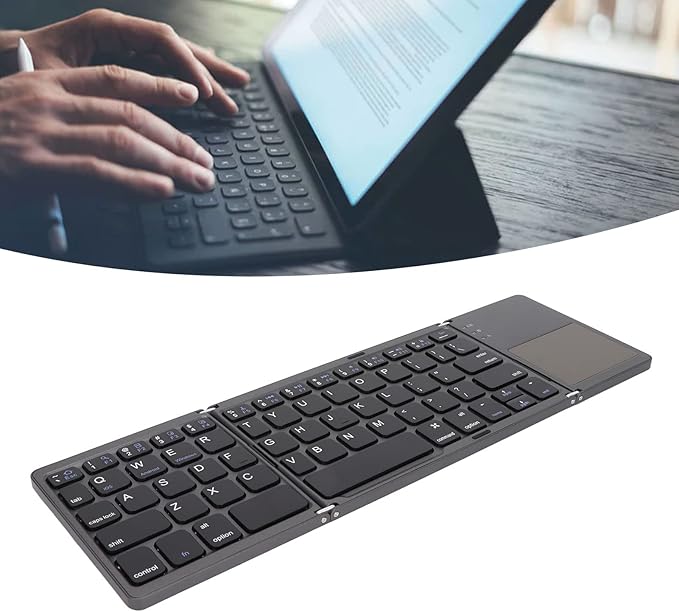 Wisoqu Foldable Keyboard with Touchpad, 3 Folding Wireless Keyboard 63 Keys 10m Connection USB Charging, for iOS for Laptop Tablet Smartphone (Dark Gray)