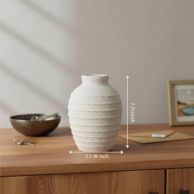 Ceramic Flower Vase 7.3 Inch Modern Farmhouse Vases Rustic Decorative Vase Home Decor Minimalist Handcrafted Pottery Terracotta Centerpiece Vases for Living Room,Bedroom,Table,Weddings,Office-White