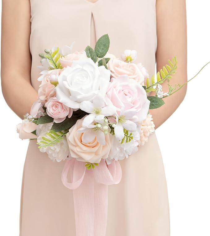 Ling's moment Blush Pink & White Bridesmaid Bouquet, Wedding Bouquets for Bridesmaids, 7 Inch Bridal Bouquets for Bridesmaids, Wedding, Ceremony, Anniversary, etc.