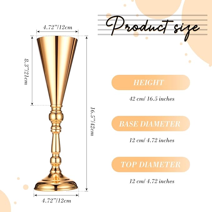 6 Pcs Flower Trumpet Gold Vase Tabletop Centerpiece Gold Tall Flower Vases Bulk Wedding Table Decorative Centerpiece Table Decorations Arrangements for Floral Party Anniversary Birthday(L)