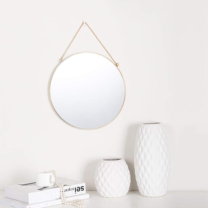 Dahey 11.8-inch Small Hanging Circle Mirror Wall Decor Gold Round Mirror with Hanging Chain for Office Bathroom Bedroom Living Room Dorm College, Gold