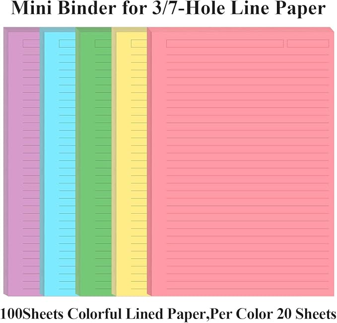 Unpunched Line Paper 5 Colorful - 100 Sheets/200 Pages Ruled Filler Paper, Per Color 20 Sheets, 5.8" x 8.5"