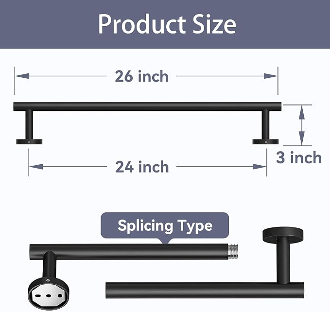 2 Pack Matte Black Towel Bar, 24 Inch Bathroom Towel Rack, Towel Holder Wall Mounted, Thicken SUS304 Stainless Steel Towel Rod Modern Home Decor (Total Length 26-Inch)