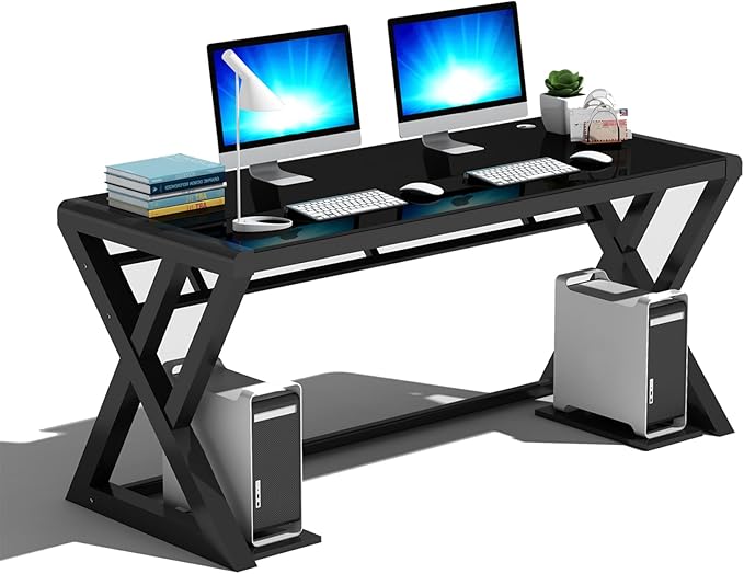 SAMERY Computer Desk Home Office Desks, 55.1 Inch Modern Simple Office Black Glass Desk Computer Table Study Gaming Writing Desk, Fashion Strength Tempered Glass Office Laptop Desk