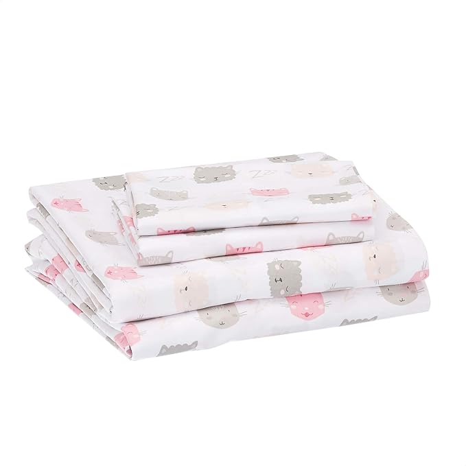 Amazon Basics 4 Piece Kid's Soft Easy-Wash Lightweight Microfiber Sheet Set, Full, Pink Kitties, Animal Print