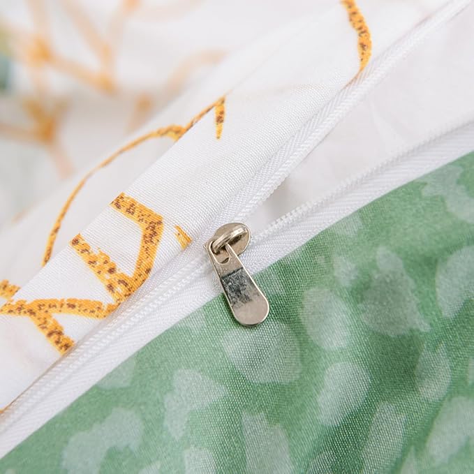 Nayoroom White Floral Duvet Cover Queen Size Green Gold Leaves Printed Reversible Botanical Comforter Cover 3 Pieces Soft Breathable Microfiber Cottagecore Bedding Set with Zipper Closure
