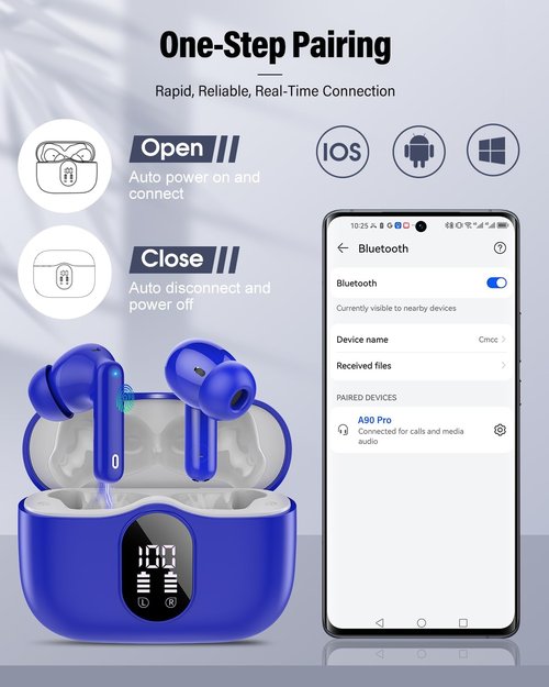 Btootos Wireless Earbuds - Bluetooth 5.4 Noise Cancelling Headphones with 36H Playtime | Navy Blue