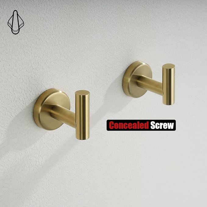 JQK Bathroom Towel Hook Brushed Gold, Brass Coat Robe Clothes Hook for Bathroom Kitchen Garage Wall Mounted (Pack of 2), SUS 304 Stainless Steel 0.8mm, TH100-BG-P2