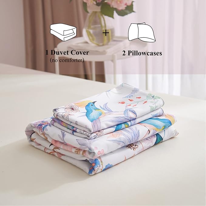 VM VOUGEMARKET Purple Floral Birds Duvet Cover Set,Botanical Flower Plants Pattern Bedding Set in Lilac with Zipper Closure No Comforter(3pcs, Queen Size)