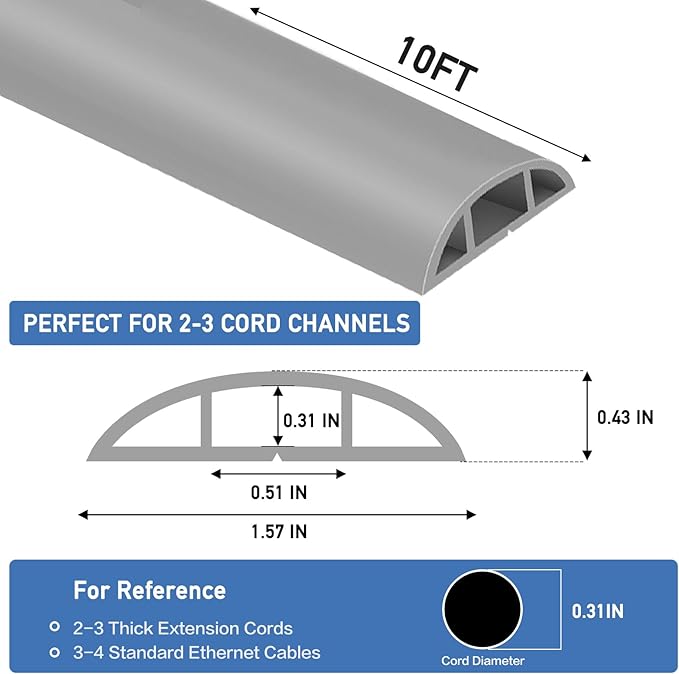Floor Cord Cover Self Adhesive Cord Hider Floor Extension Cord Covers for Floor Power Cord Protector Cable Management Prevent Cable Trips Cable Cavity 0.51" W x 0.31" H (Grey, 10Ft)