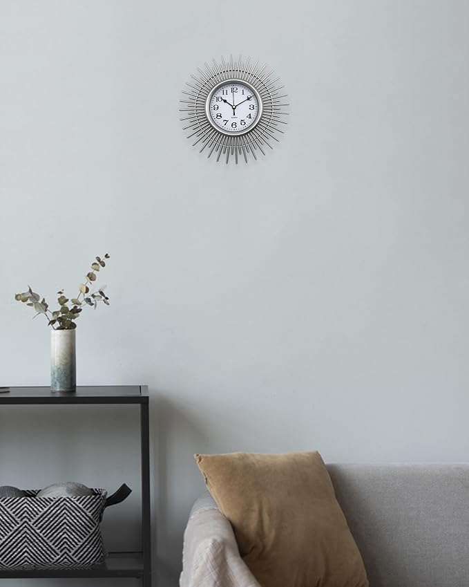 Sunburst 10 Inch Small Wall Clock, Silver Round Analog Clock Battery Operated, Modern Decorative Wall Clock for Living Room, Kitchen, Office, Bathroom