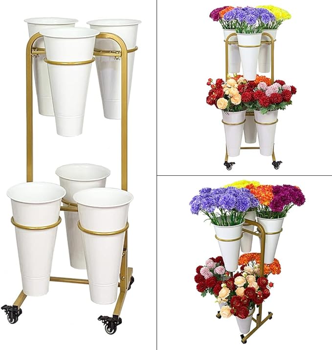 ARTLINE Rolling Display Stand with 6 Buckets for Cut Flowers, Heavy Duty Plant Stand on Wheels, Indoor Outdoor Gold Flower Cart Shelf for Florist, Garden, Patio (White Bucket)