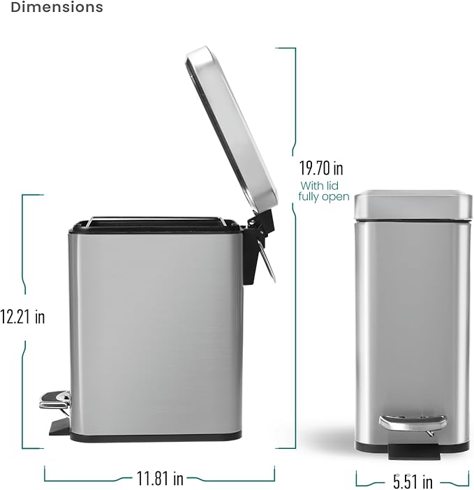 Home Zone Living 1.3 Gallon Small Bathroom Trash Can with Lid and Step Pedal, Stainless Steel Wastebasket with Slim Design for Home and Office, Silver, 5 Liters