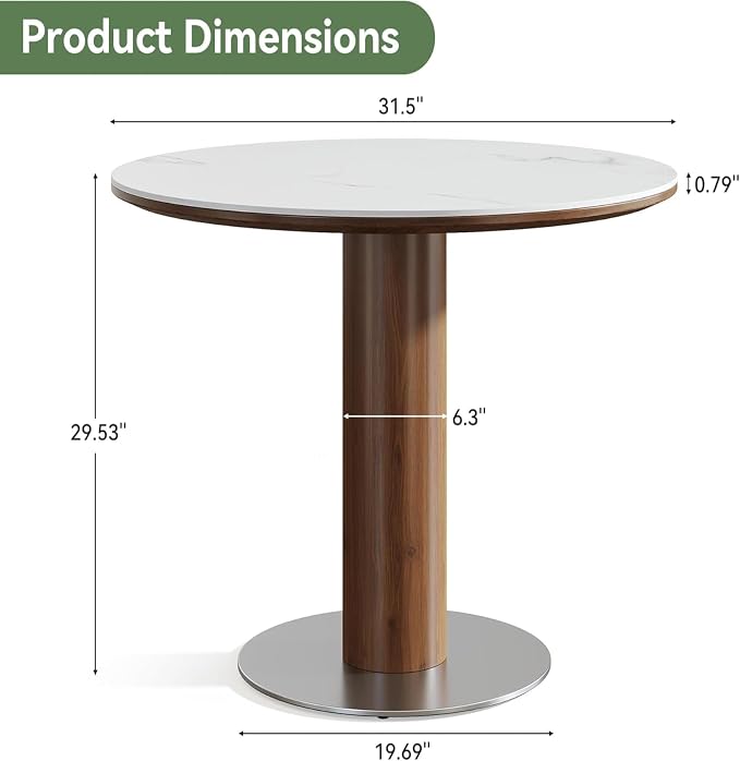 Round Dining Table, 31.5" Solid Wood Dinner Table with Thickened Top & Steel Pedestal, Mid Century Modern Bistro Table for Kitchen, Small Space, Living Room, Cafe, White & Walnut -Style A