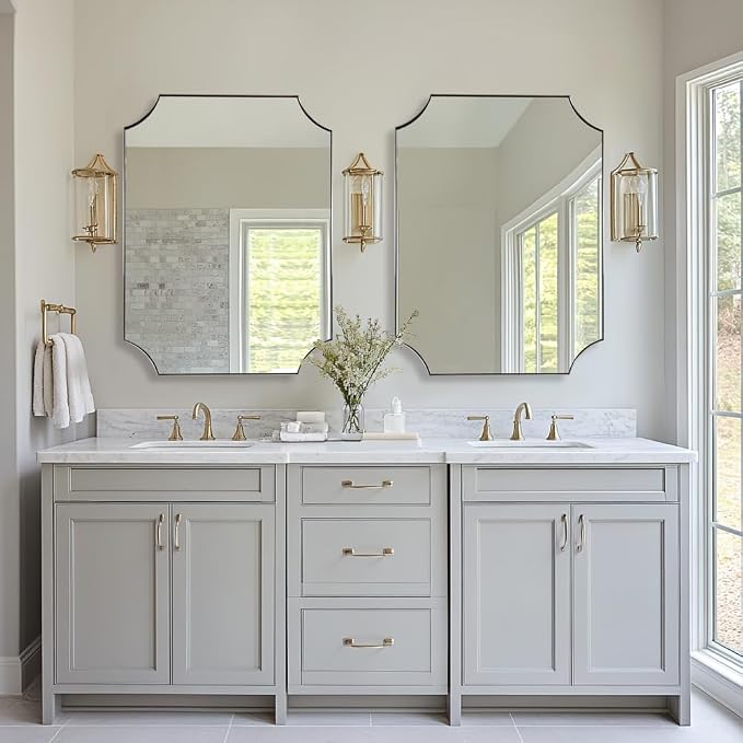 ANDY STAR Brushed Nickel Mirror 24x32 Inch, Scalloped Bathroom Mirror, Silver Rectangle Mirror in Anti-Rust Stainless Steel Metal Thin Frame Deep 1", Horizontal/Vertical