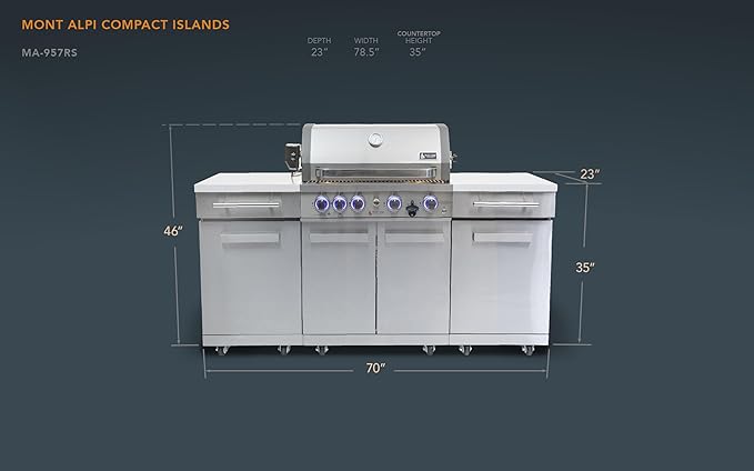 Mont Alpi MA-957RS Propane Natural Gas 5-Burner Compact Outdoor Kitchen Gas Barbecue Grill Island in Stainless Steel with Infrared Rear Burner + Storage Cabinets + Rotisserie Kit & Full Weather Cover