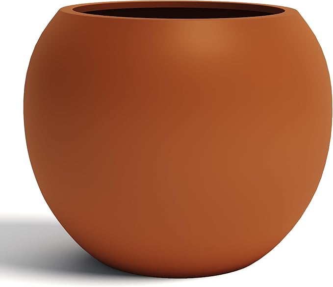 DTY Signature Mount Sherman Modern Indoor Outdoor Fiberstone Sphere Planter, Durable Round Garden Pot, Weather Resistant, Drainage Hole & Rubber Plug, Planter for Christmas Tree - Small, Terracotta