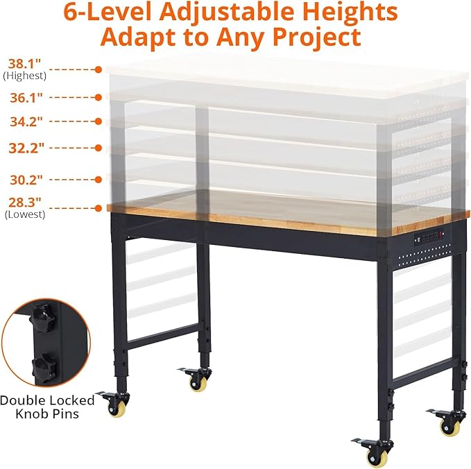 TrailBlaze 60" x 22" Workbench, Heavy Duty Rubber Wood Top Workbench with Power Outlet & 4 Lockable Wheels, Adjustable Height Work Table for Home Garage Workshop - 2000lbs Load Capacity
