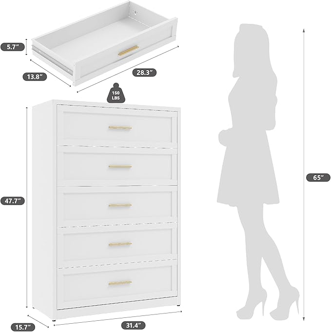 Metal Dresser with 5 Drawer，48" Tall Chest of Drawers with Wide Metal Handle,Drawer Organizer for Bedroom,Living Room,Hallway and Entryway,White