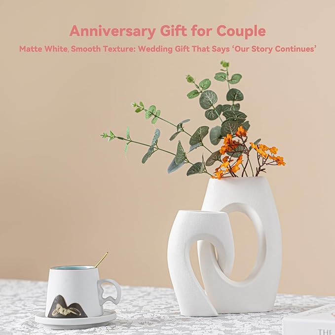 Intertwined Couple Vase Set - 2-Pcs White Ceramic Vases with Loop Design & Wide Rectangular Neck, Romantic Gifts for Couples, Wedding Gift for Couple, Decorative Vase for Living Room