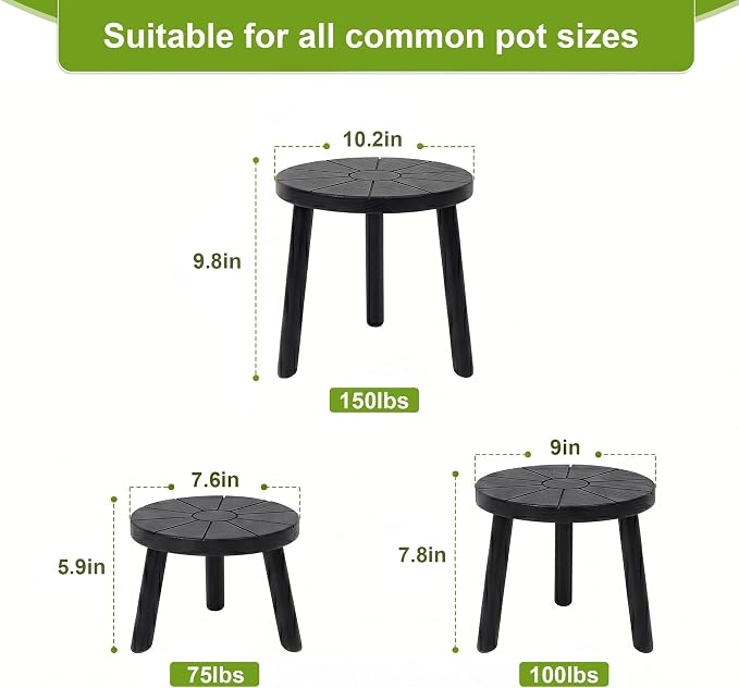 Delma Wood Plant Stands Indoor, 3-Pack Single Plant Stand for 7-10 Inch Pots, Mid-Century Modern Plant Stool, Tall Plant Stand for Large Plants for Living Room, Balcony, Office (Black, 3-Pack)