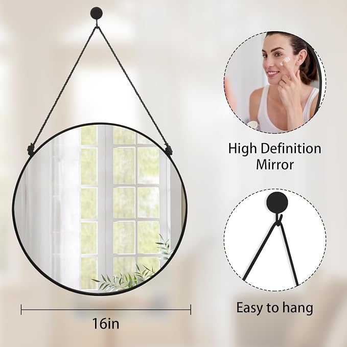 Circle Hanging Wall Mirror - Black Round Mirror, 16 Inch, Modern Home Decor for Bathroom, Living Room, Bedroom, Entryway, Hallway, Washroom, Dorm
